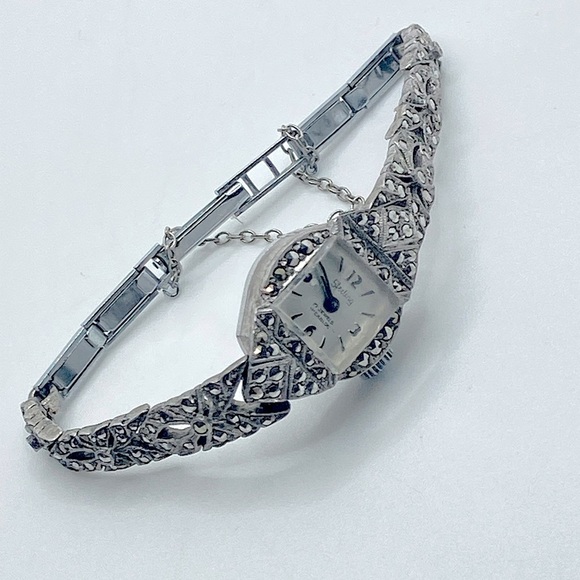 1950s Art Deco Style Sterling Silver Marcasite Ricoh Watch 6.1” - 6.7” Stretch - Picture 2 of 15